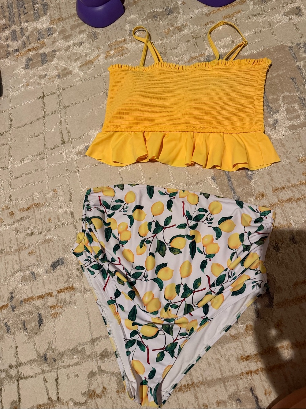 Maternity Yellow Ruffle Smocked Bikini Top with Lemon-Print High Waist Bottom